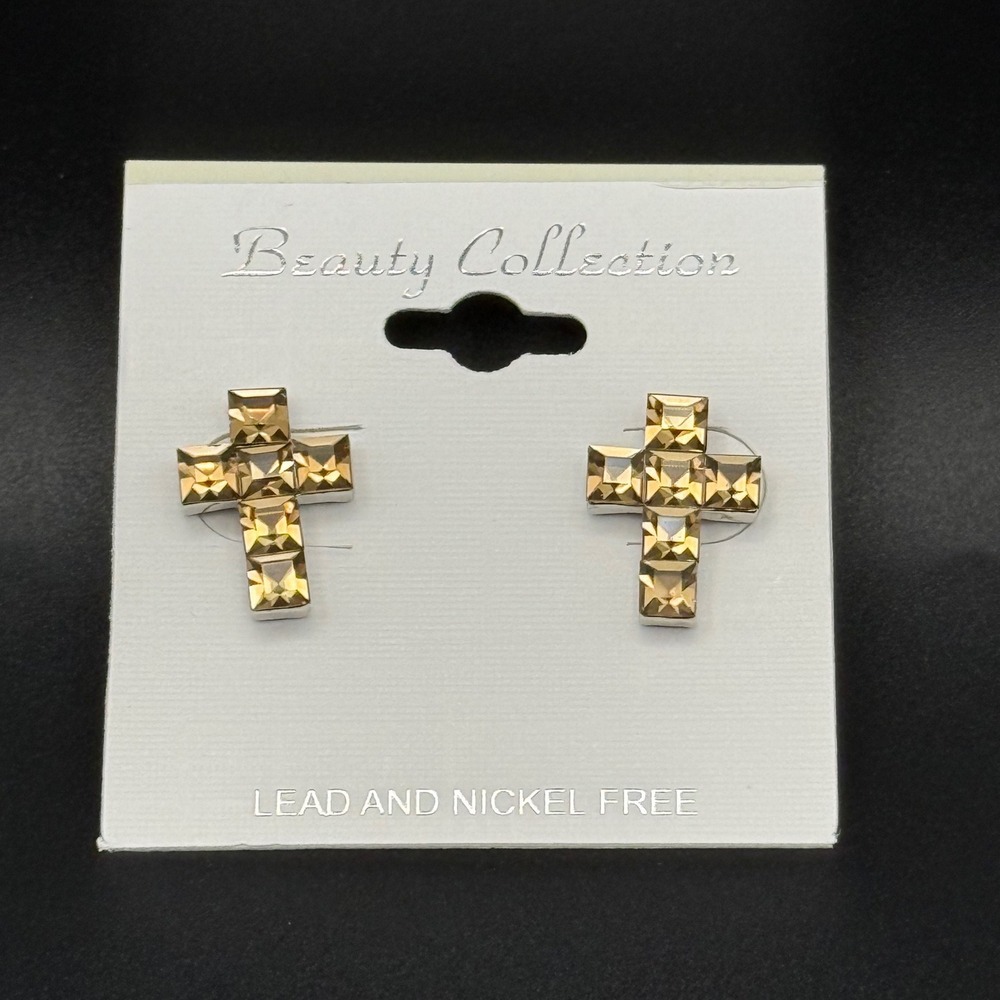 Beauty Collection Cross Stud Earrings Gold Tone Crystal Lead Nickel‎ Free